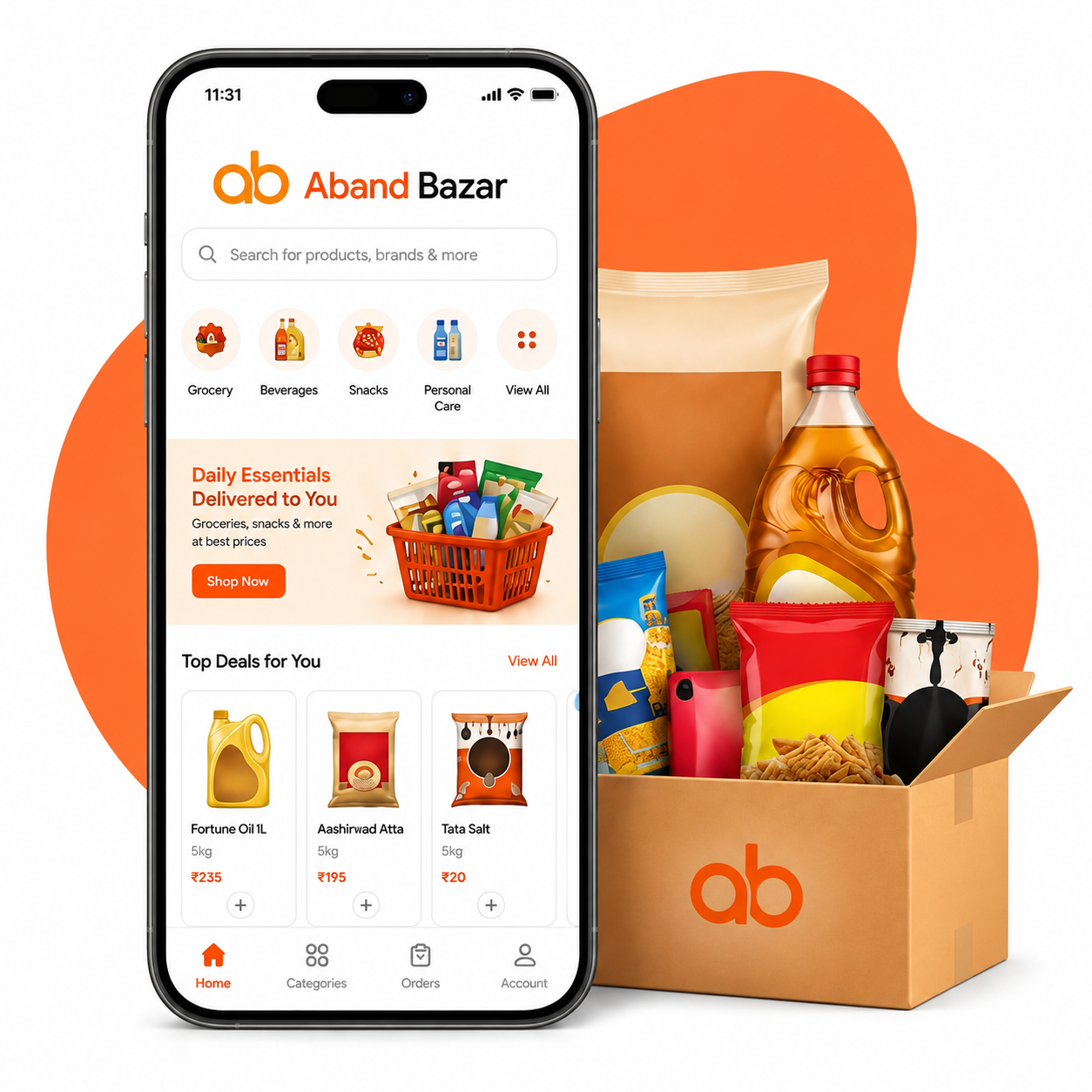 Anand Bazaar app on phone with grocery box